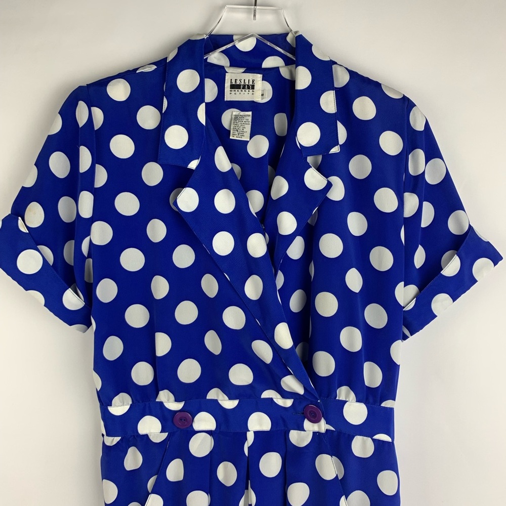 {VINTAGE} Leslie Fay Blue & White Polka Dot Romper - Picture 6 of 8